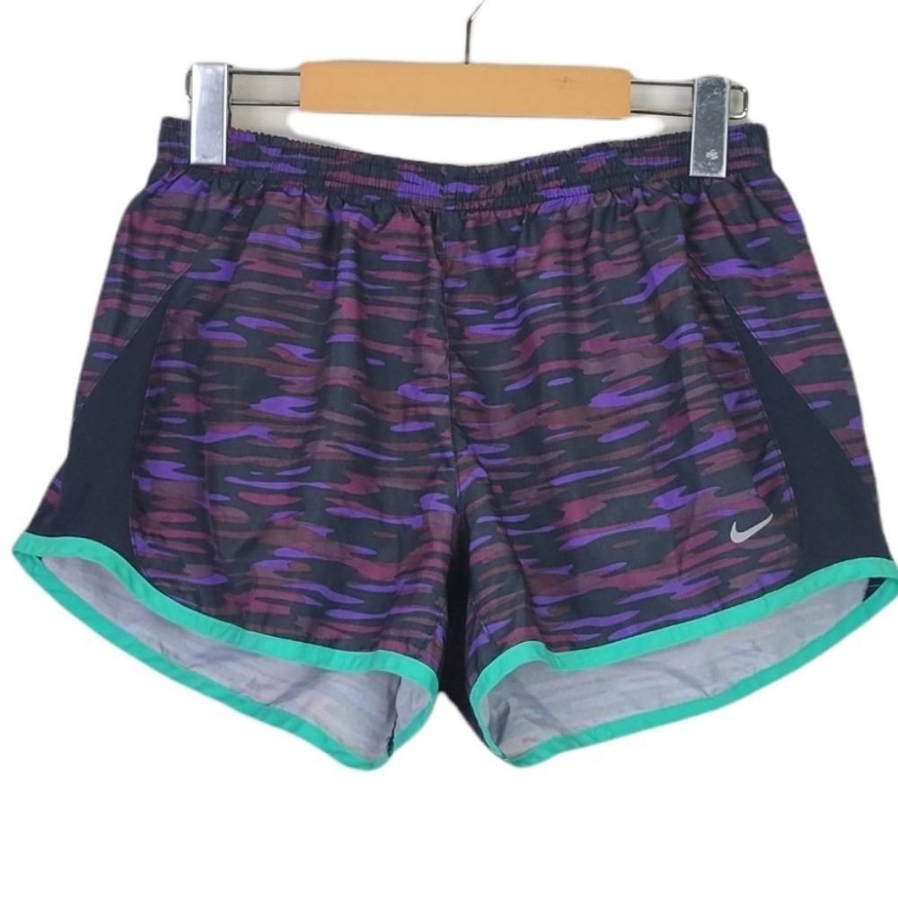 Nike Women's Purple Camo Running Shorts with Teal Trim